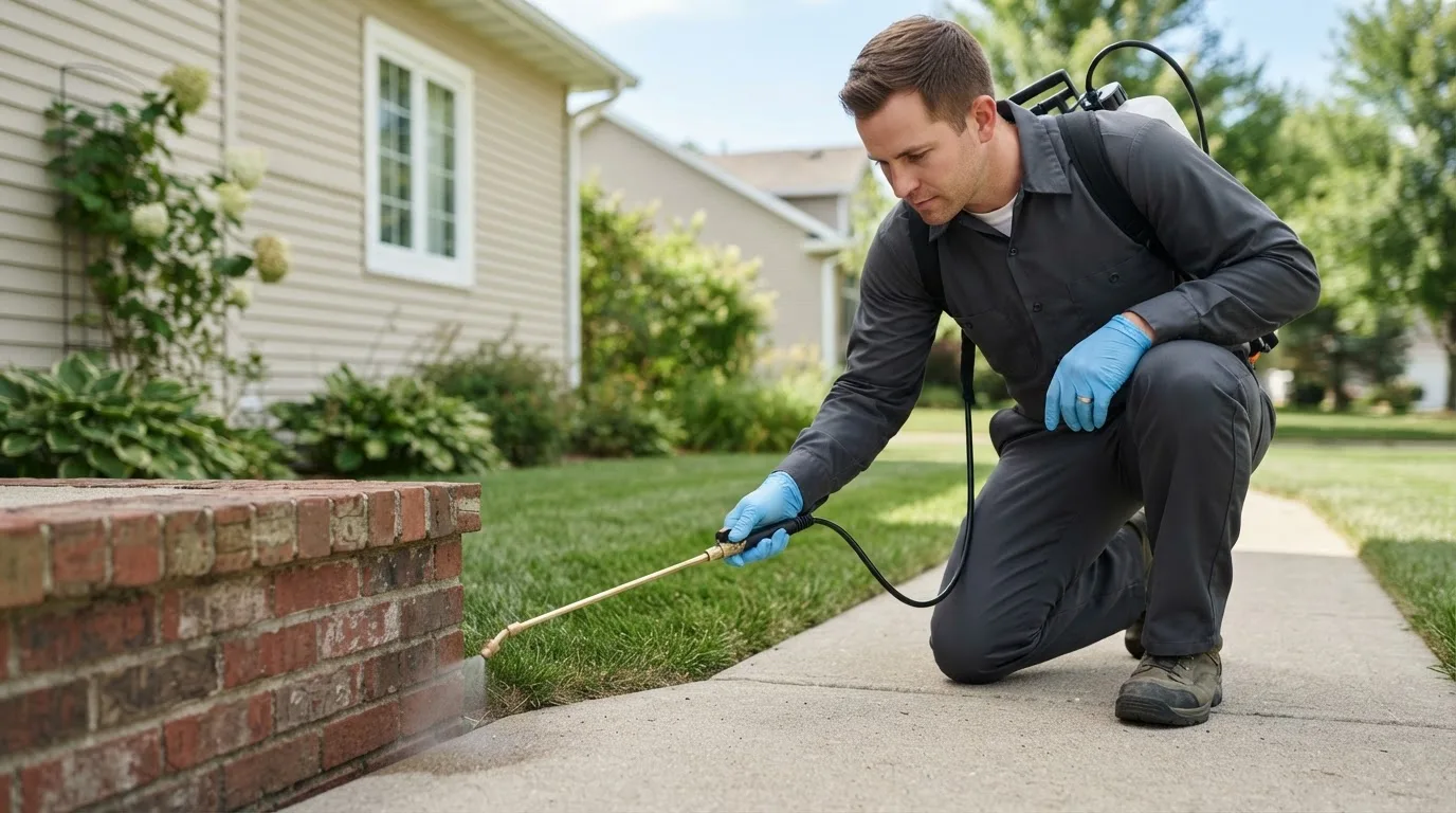Pest control technician treating a home near Garden City, MI